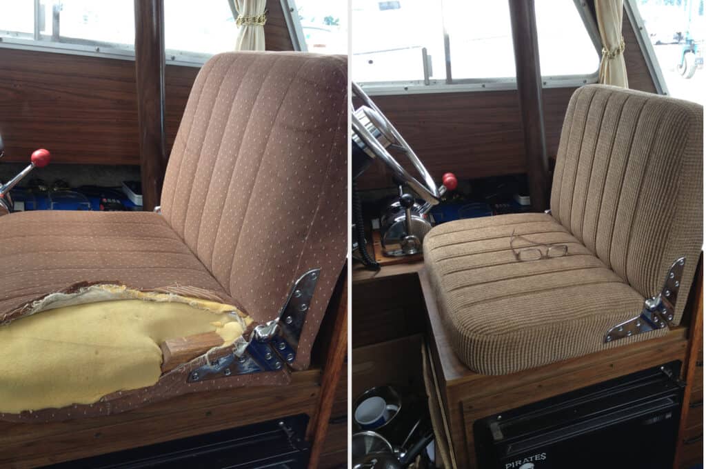 Boat seat before and after reupholstery, improved condition.