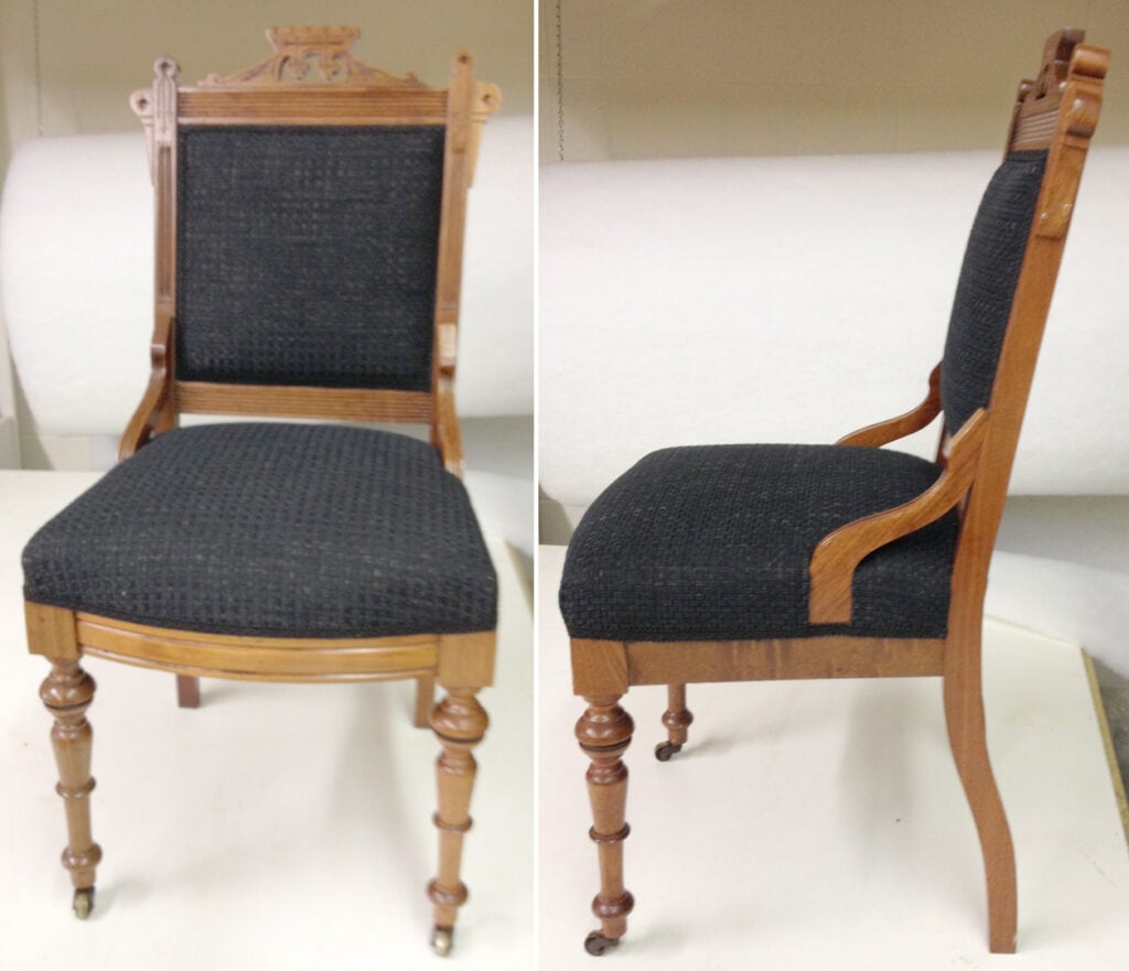 Antique wooden chair with black upholstery, front and side view.