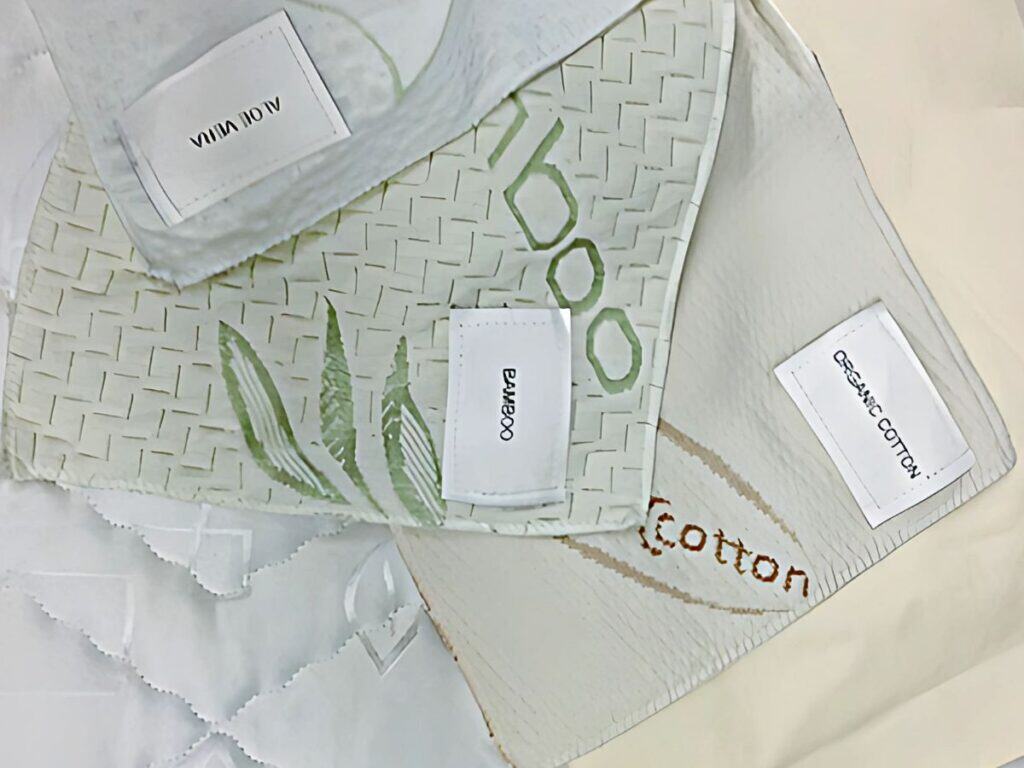 Fabric swatches with bamboo and cotton labels