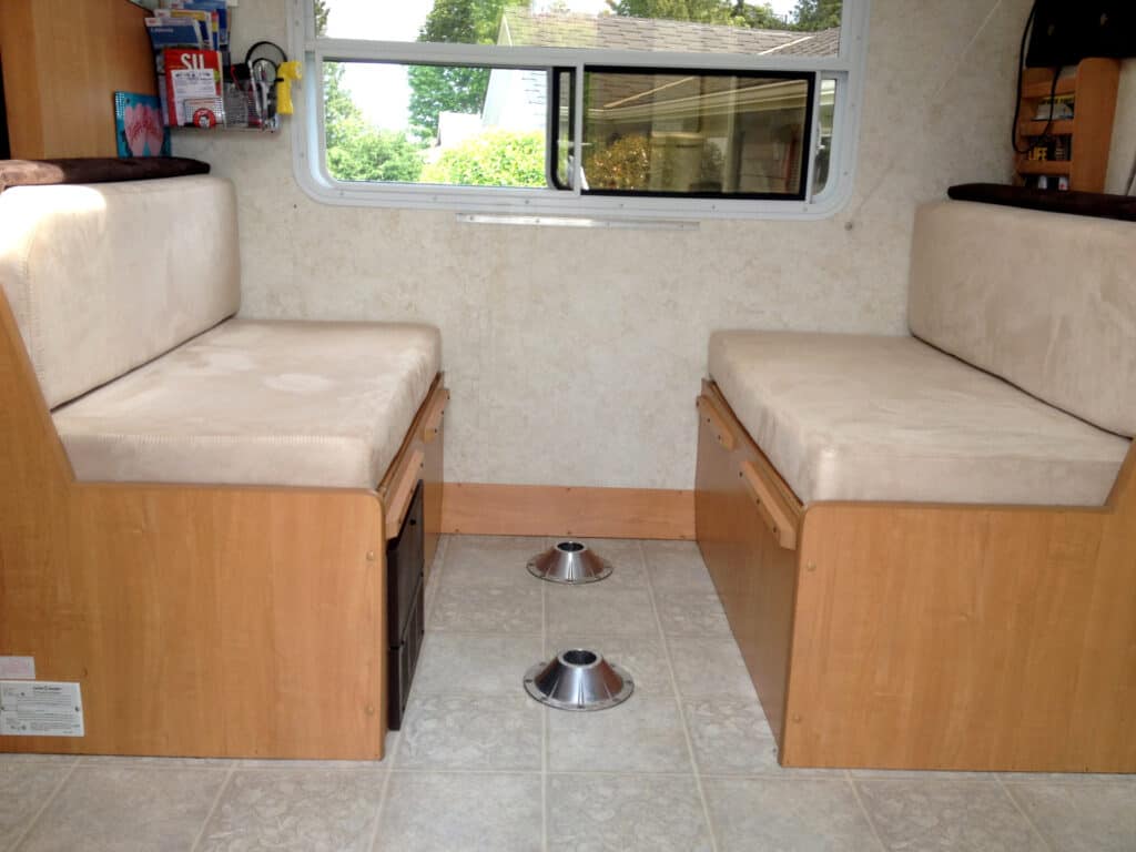 RV interior with storage benches