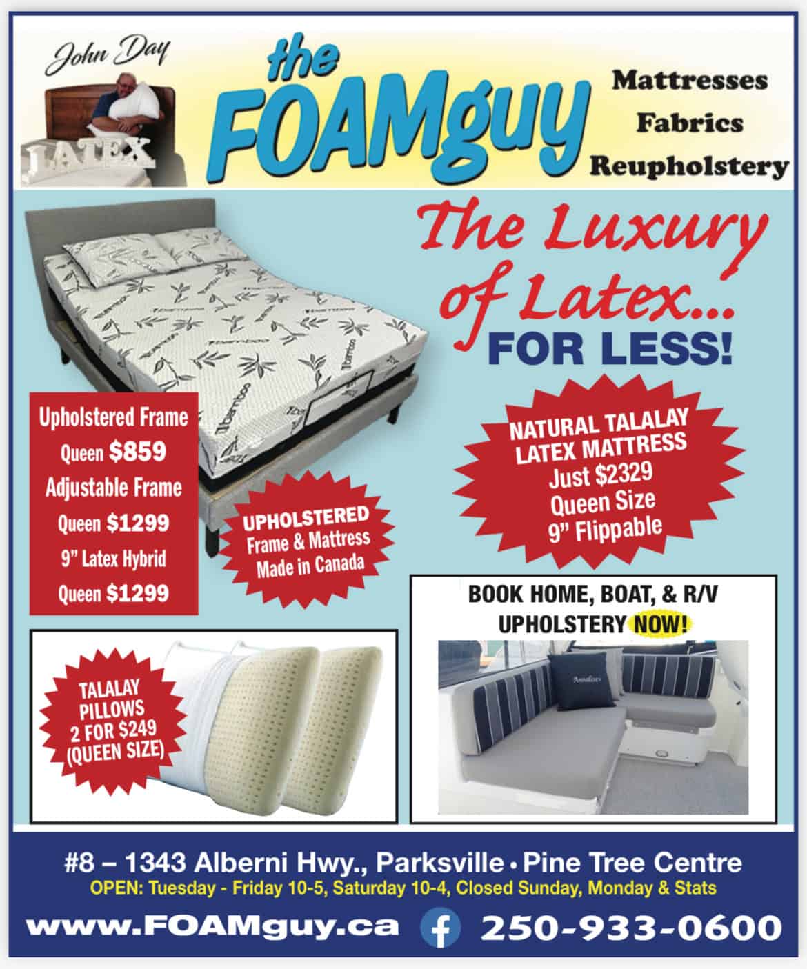 Foam mattresses, pillows, and upholstery services in Parksville.